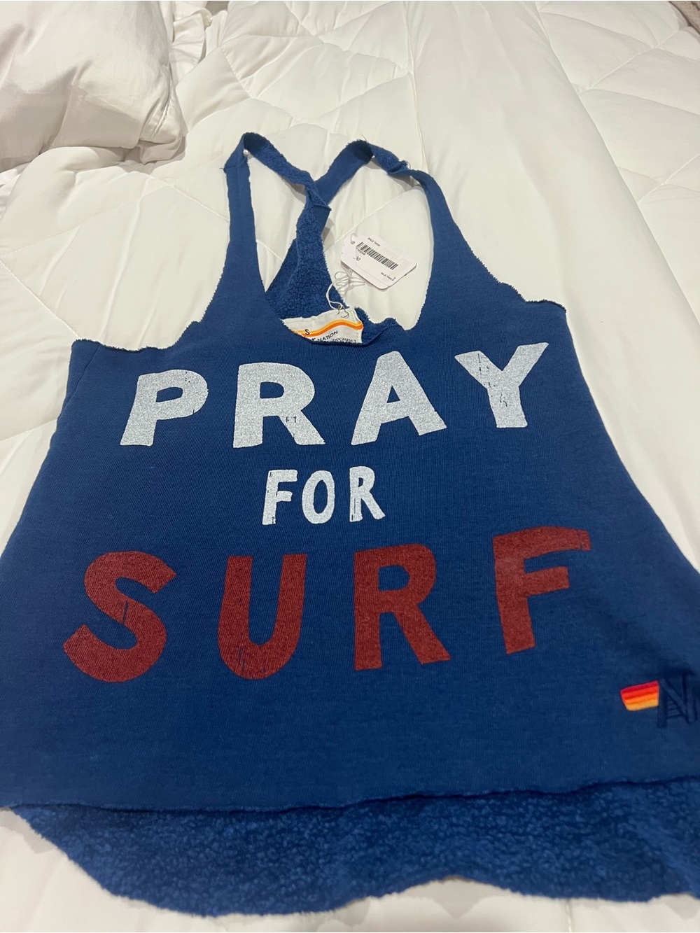 Aviator Nation Navy Blue Tank with Red and White 'Pray for Surf' Graphic